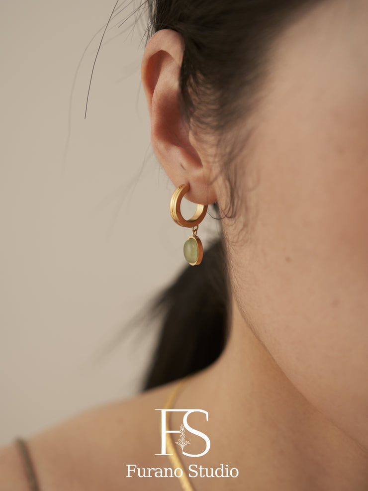 18K Gold Jade Green Oval Drop Earrings