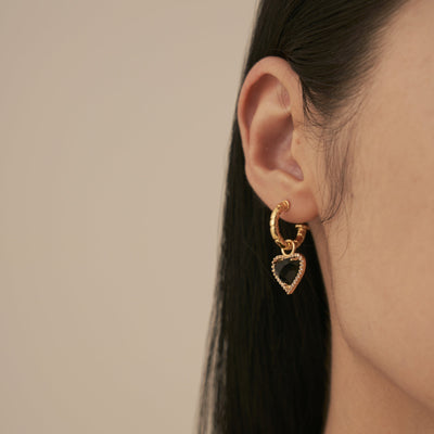 14K Gold Black Heart Hoop Earrings