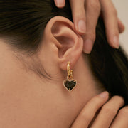 14K Gold Black Heart Hoop Earrings