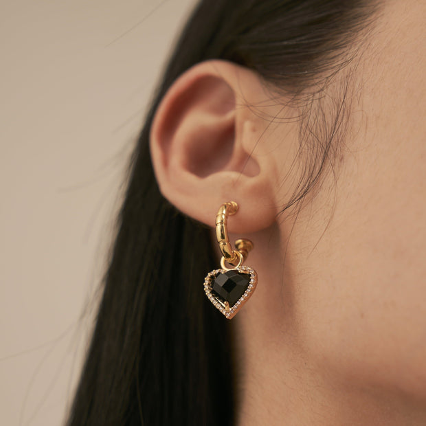 14K Gold Black Heart Hoop Earrings