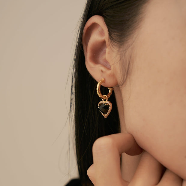 14K Gold Black Heart Hoop Earrings