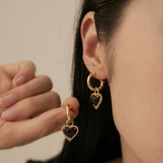 14K Gold Black Heart Hoop Earrings