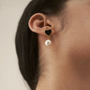 18K Gold Black Heart Pearl Earrings