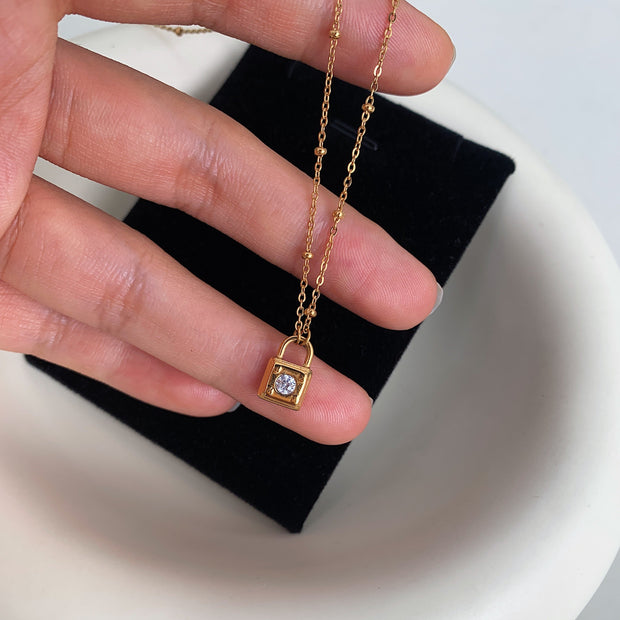 18K Gold Crystal Lock Pendant Necklace