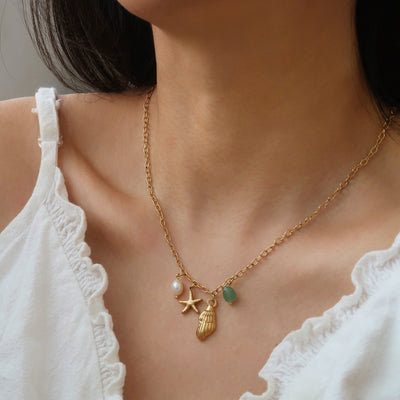 18K Gold Sea Star Conch Pendant Necklace