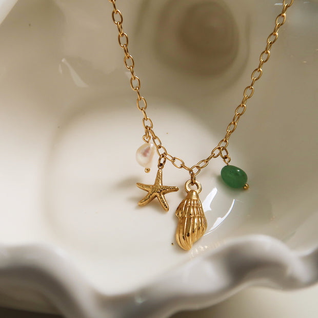 18K Gold Sea Star Conch Pendant Necklace