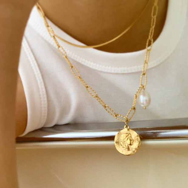 18K Gold Pearl Coin Necklace