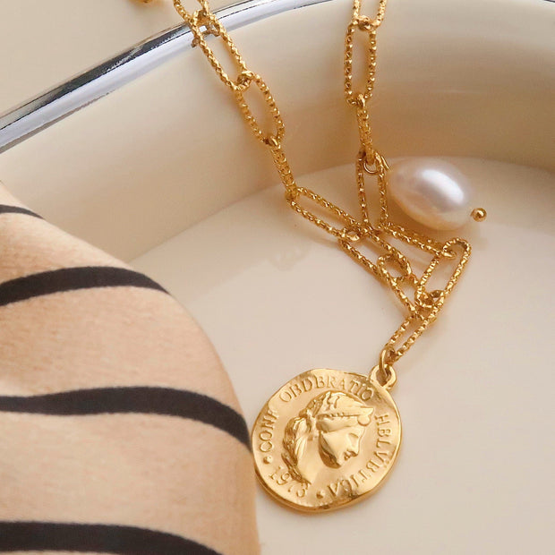 18K Gold Pearl Coin Necklace