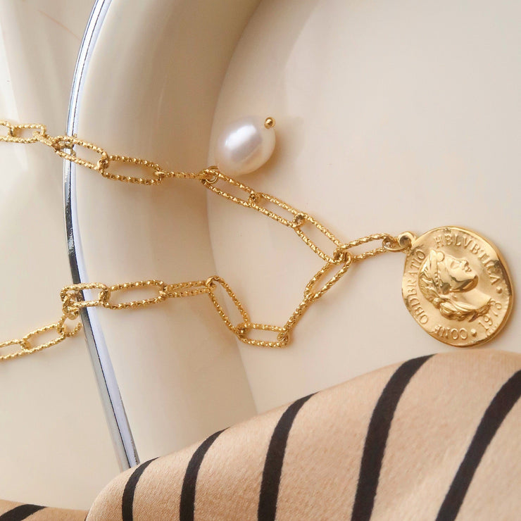 18K Gold Pearl Coin Necklace