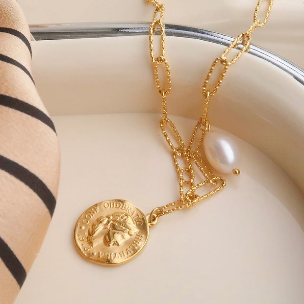 18K Gold Pearl Coin Necklace