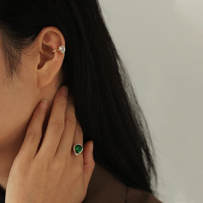18k gold Diamond earring cuff; Green Zircon Shiny Water-drop Pear Earring cuff Hypoallergenic; Water-resistant; Gift for her; No Piercing