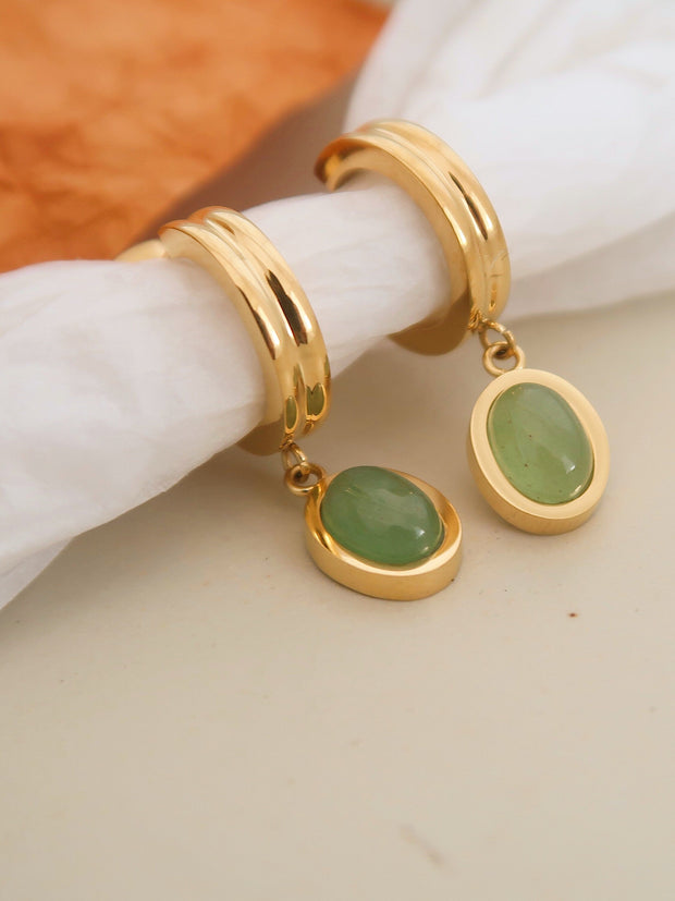 18K Gold Jade Green Oval Drop Earrings