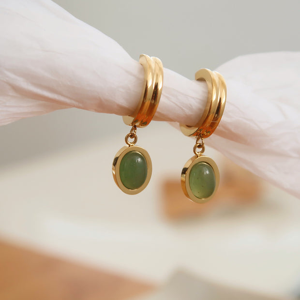 18K Gold Jade Green Oval Drop Earrings