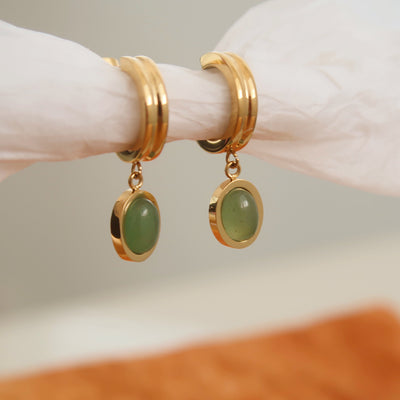 18K Gold Jade Green Oval Drop Earring