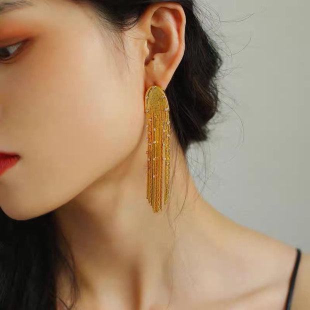 14K Gold Long Tassel Earrings