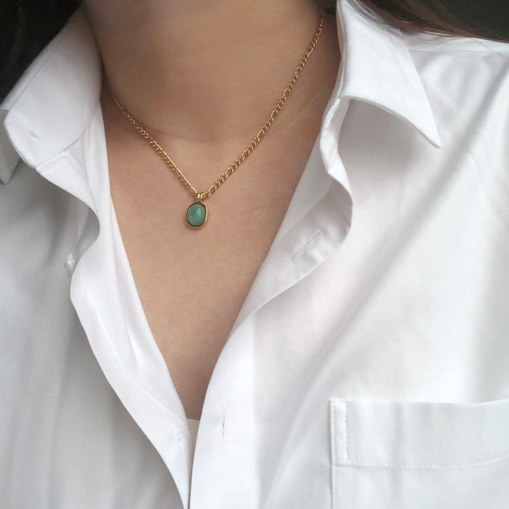18k Gold Green Necklace; Nature Amazonite Necklace; Round Green Pendant necklace; charm necklace; water resistant; gift for her