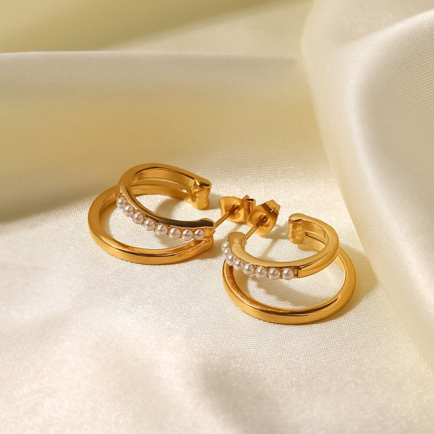 18K Gold Double Hoop Earrings with Pearl/CZ