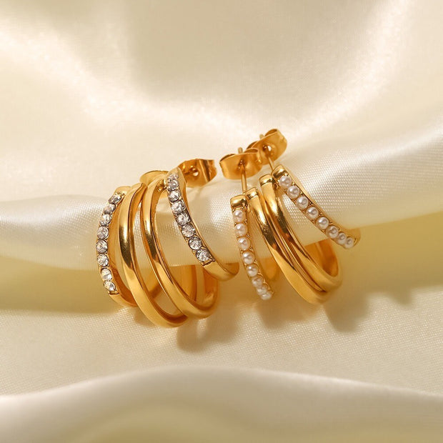 18K Gold Double Hoop Earrings with Pearl/CZ