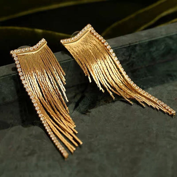 18k Gold CZ Long Drop Tassel Earrings