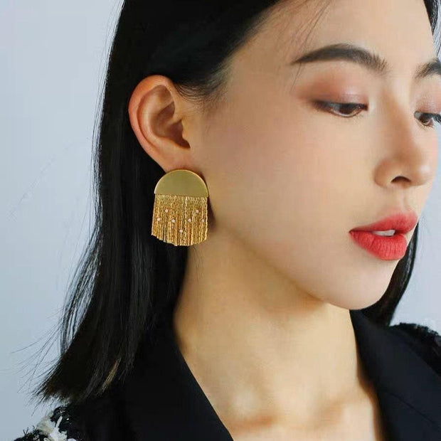 18K Gold Bar Long Tassel Earrings