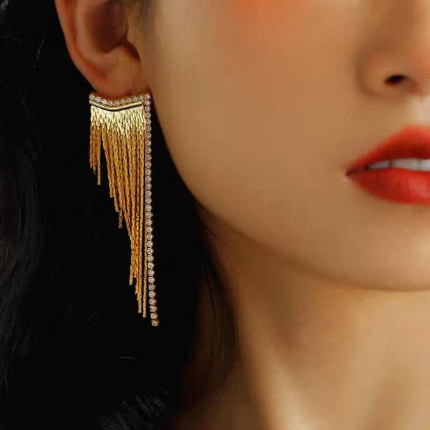 18k Gold CZ Long Drop Tassel Earrings