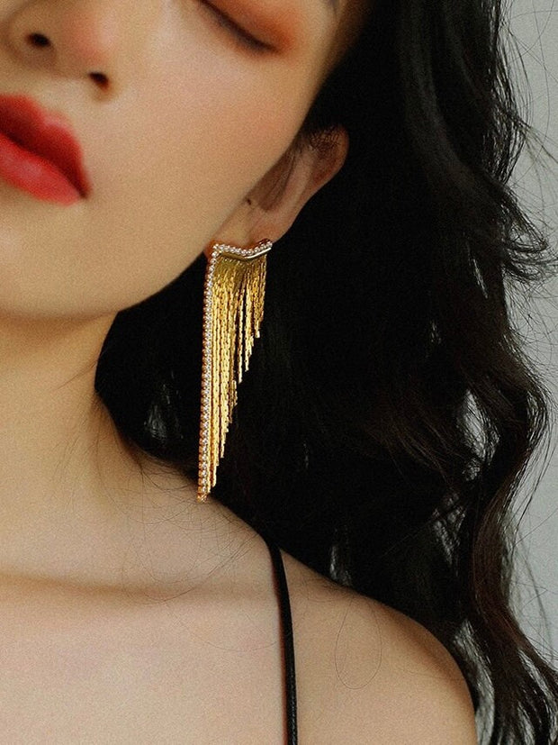 18k Gold CZ Long Drop Tassel Earrings