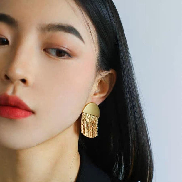 18K Gold Bar Long Tassel Earrings