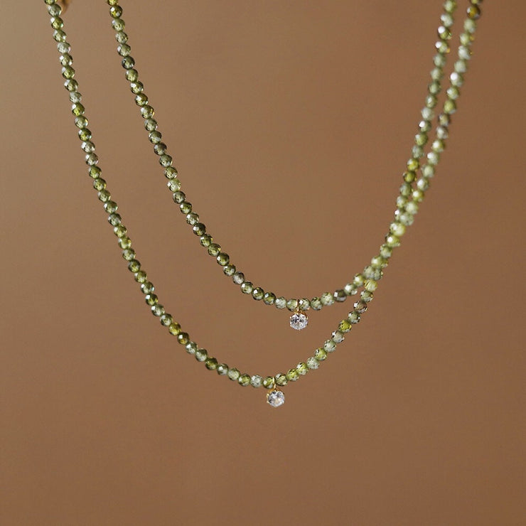 Crystal Beaded Necklace; Olive Green Crystal Pendant Necklace; Minimalist Beaded Necklace; Gift for her; Tarnish Free; Boho