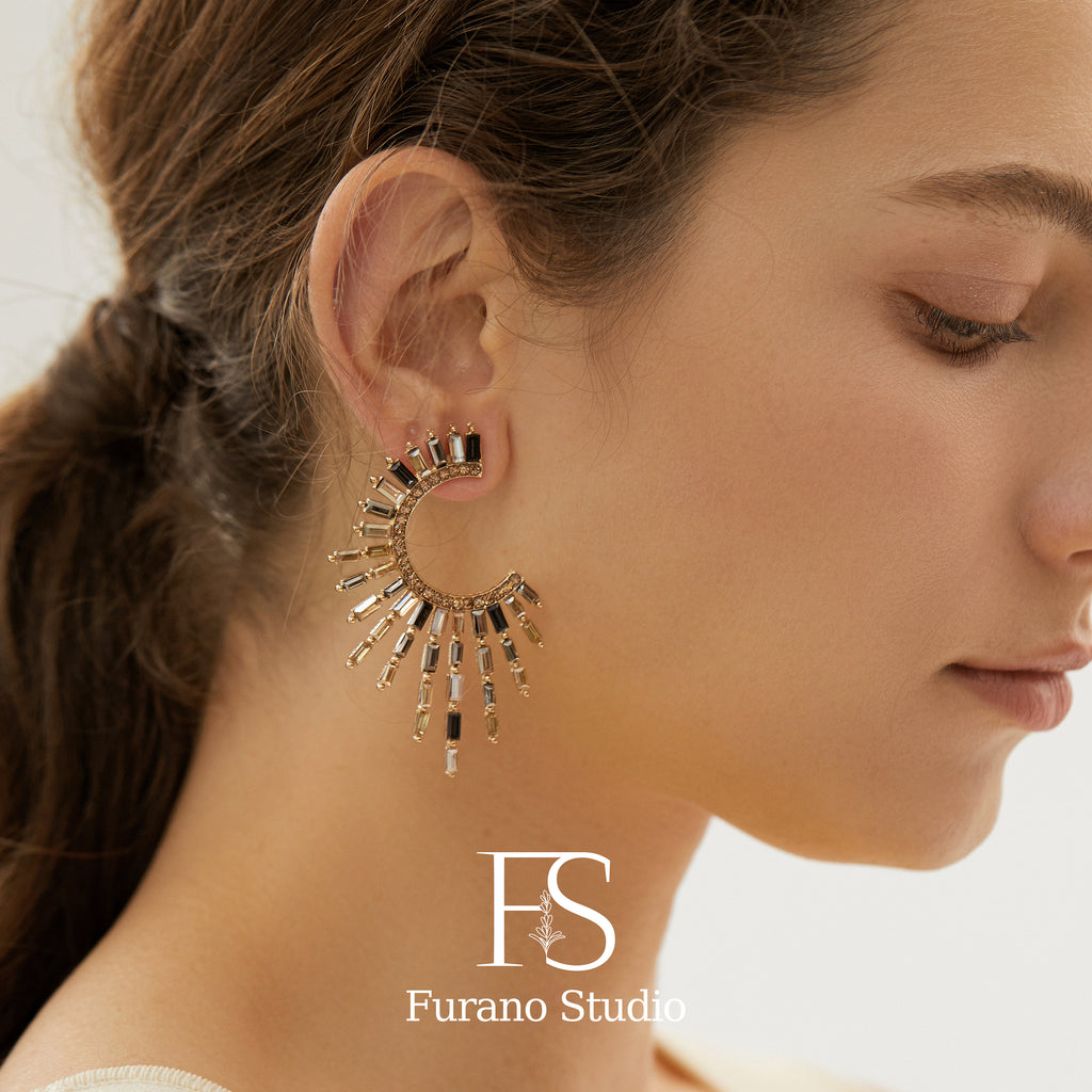 SHAPES STUDIO/Black Beaded Eternity ピアス 10K Solid Gold Mixt - Smoky Quartz + Black Spinel - Threadless End - Buddha