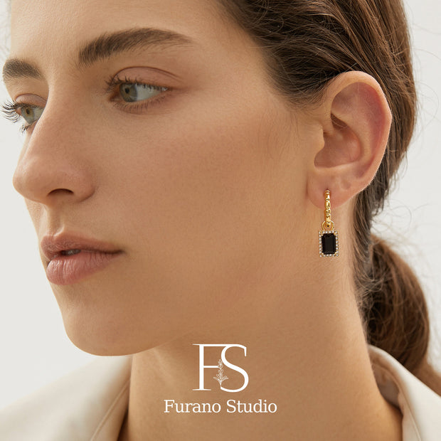 18K Gold Black Stone Earrings