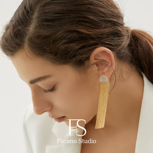 18k Gold Half Moon Tassel Earrings