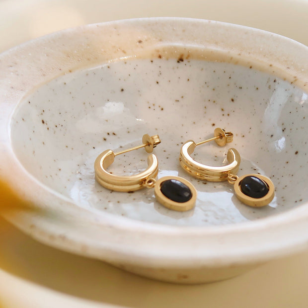 18K Gold Dainty Black Onyx Drop Earrings