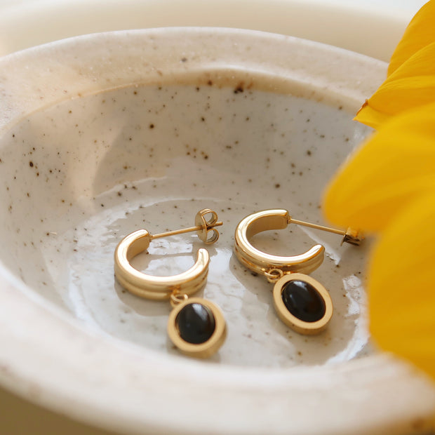 18K Gold Dainty Black Onyx Drop Earrings