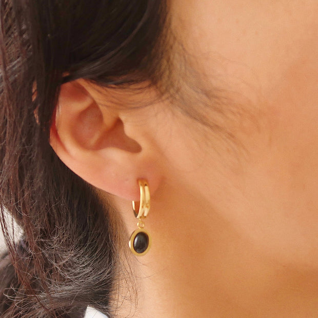 18K Gold Dainty Black Onyx Drop Earrings