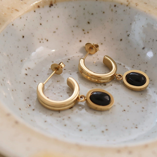 18K Gold Dainty Black Onyx Drop Earrings