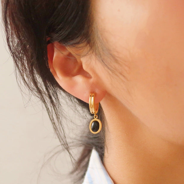 18K Gold Dainty Black Onyx Drop Earrings