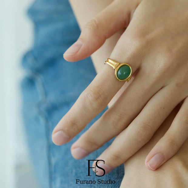 18K Gold Jade Green Aventurine Signet Ring