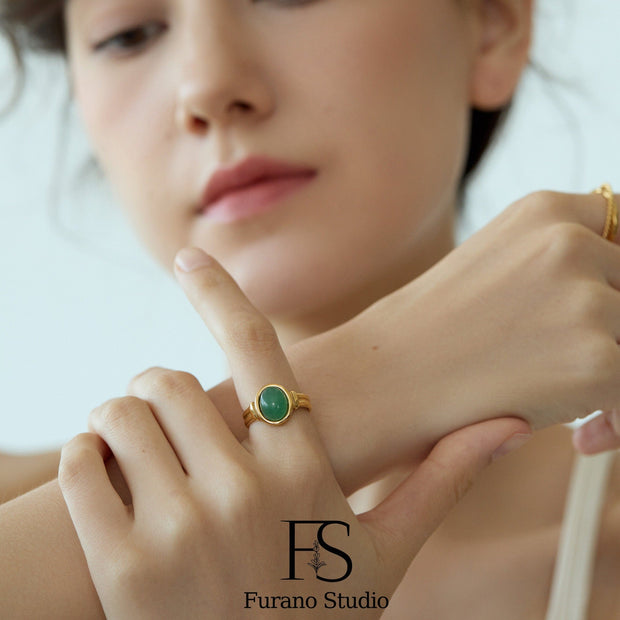 18K Gold Jade Green Aventurine Signet Ring