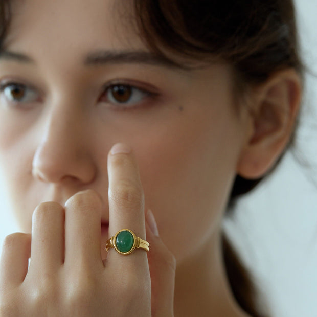 18K Gold Jade Green Aventurine Signet Ring