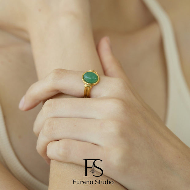 18K Gold Jade Green Aventurine Signet Ring