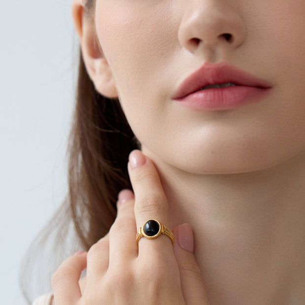 18K Gold Genuine Black Onyx Signet Ring