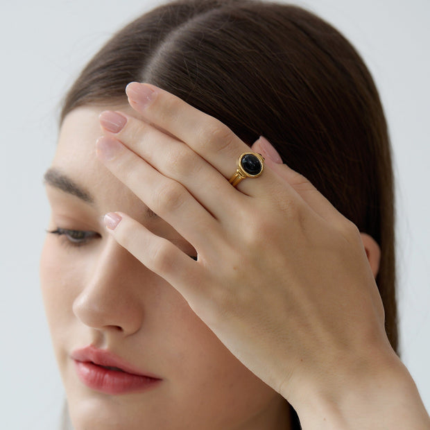 18K Gold Genuine Black Onyx Signet Ring